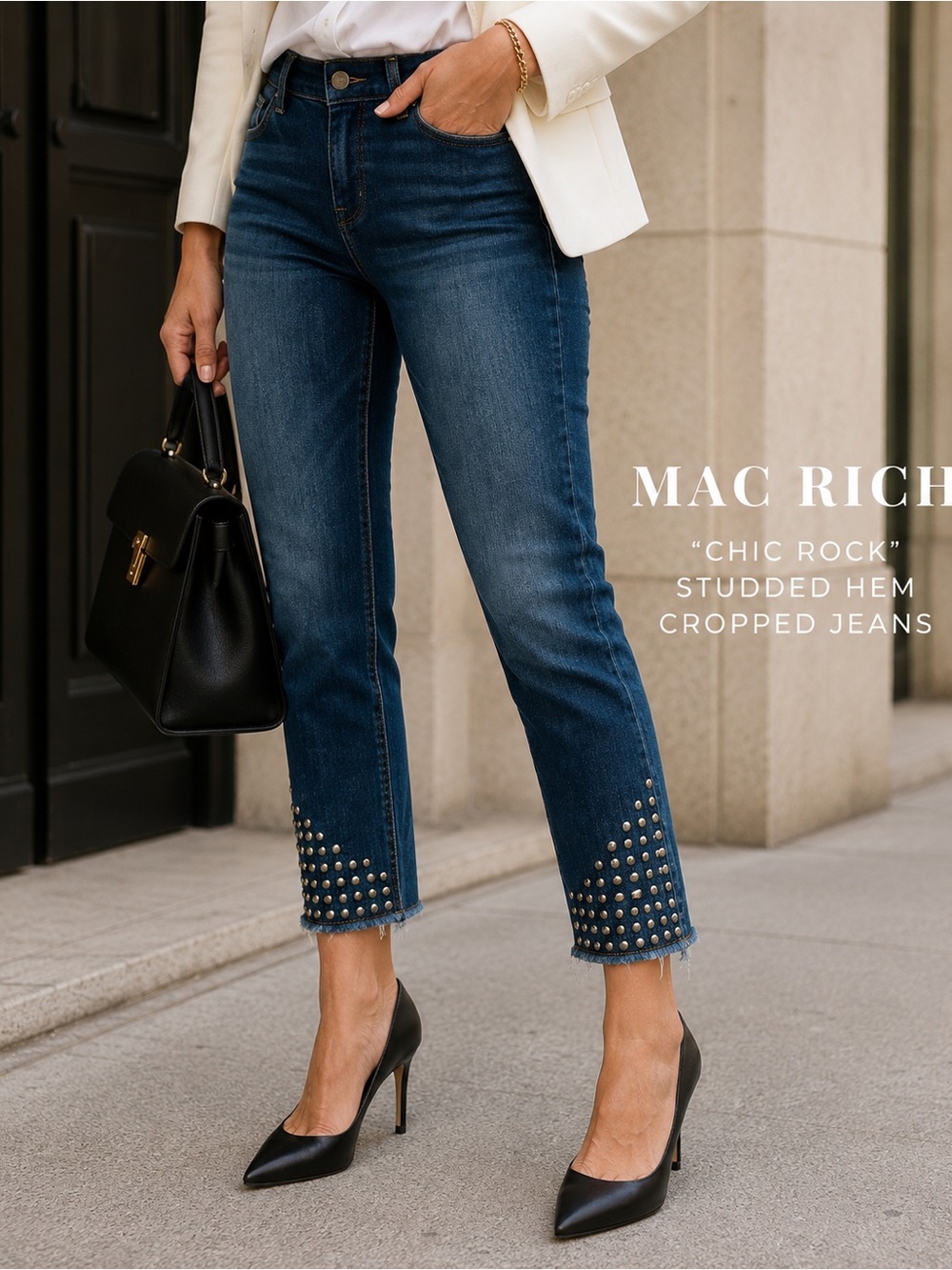 MAC Rich Chic Rock Studded Ankle Jeans Dark Wash Crop Size 12 $280 Retail